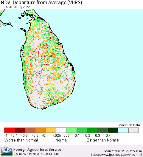 Sri Lanka NDVI Departure from Average (VIIRS) Thematic Map For 7/1/2022 - 7/10/2022