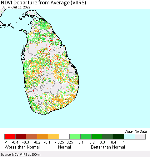 Sri Lanka NDVI Departure from Average (VIIRS) Thematic Map For 7/4/2022 - 7/11/2022