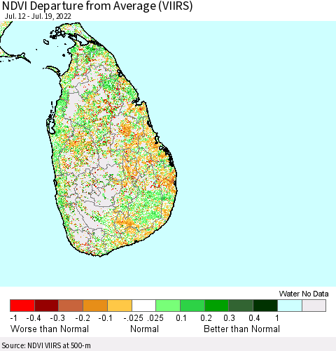 Sri Lanka NDVI Departure from Average (VIIRS) Thematic Map For 7/12/2022 - 7/19/2022