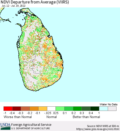 Sri Lanka NDVI Departure from Average (VIIRS) Thematic Map For 7/11/2022 - 7/20/2022