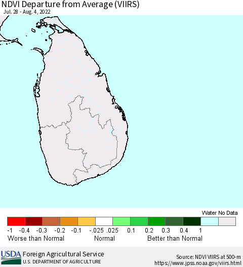 Sri Lanka NDVI Departure from Average (VIIRS) Thematic Map For 8/1/2022 - 8/10/2022