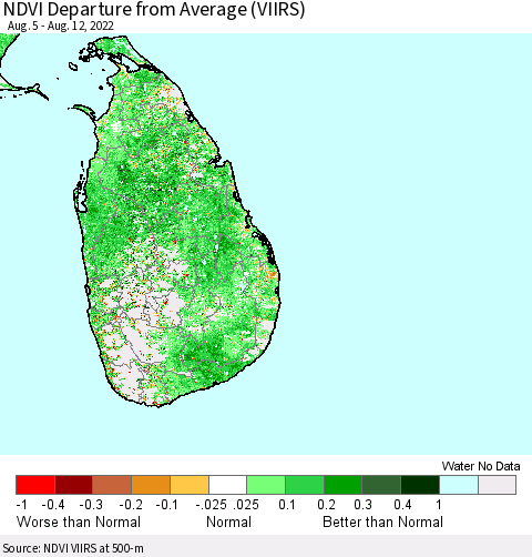 Sri Lanka NDVI Departure from Average (VIIRS) Thematic Map For 8/5/2022 - 8/12/2022