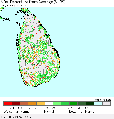 Sri Lanka NDVI Departure from Average (VIIRS) Thematic Map For 8/11/2022 - 8/20/2022