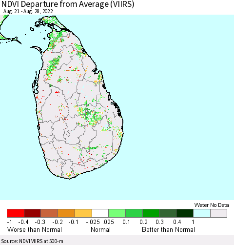 Sri Lanka NDVI Departure from Average (VIIRS) Thematic Map For 8/21/2022 - 8/28/2022