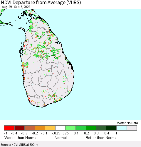 Sri Lanka NDVI Departure from Average (VIIRS) Thematic Map For 8/29/2022 - 9/5/2022