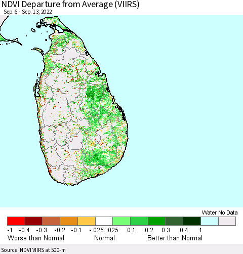 Sri Lanka NDVI Departure from Average (VIIRS) Thematic Map For 9/6/2022 - 9/13/2022