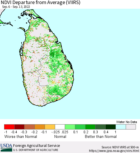 Sri Lanka NDVI Departure from Average (VIIRS) Thematic Map For 9/11/2022 - 9/20/2022