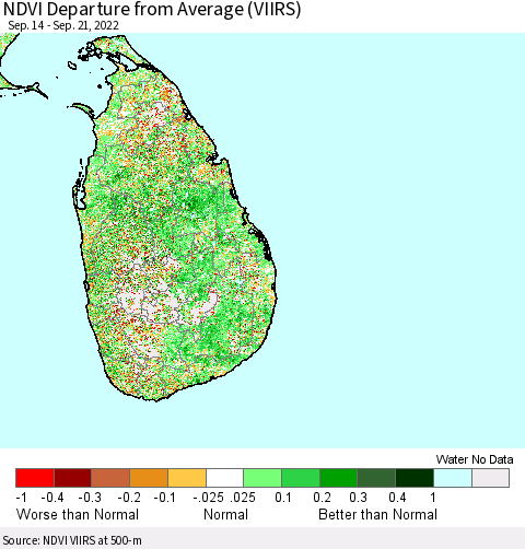 Sri Lanka NDVI Departure from Average (VIIRS) Thematic Map For 9/14/2022 - 9/21/2022