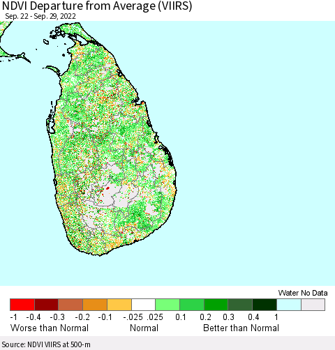 Sri Lanka NDVI Departure from Average (VIIRS) Thematic Map For 9/22/2022 - 9/29/2022