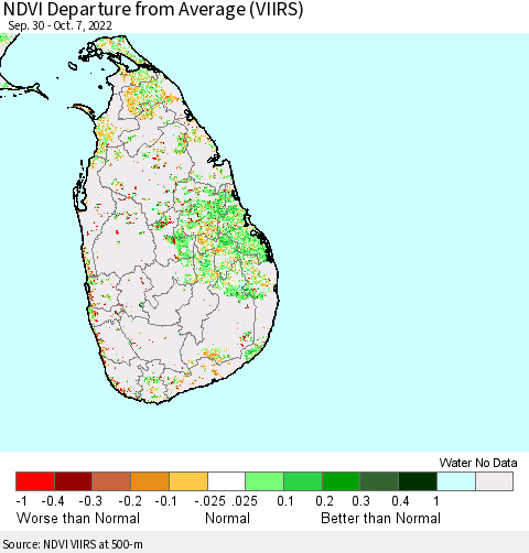 Sri Lanka NDVI Departure from Average (VIIRS) Thematic Map For 9/30/2022 - 10/7/2022