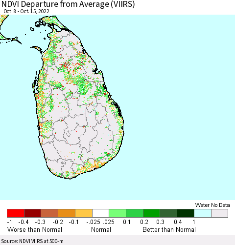Sri Lanka NDVI Departure from Average (VIIRS) Thematic Map For 10/8/2022 - 10/15/2022