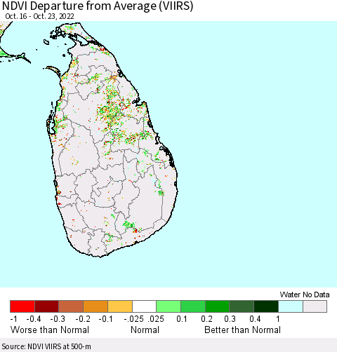 Sri Lanka NDVI Departure from Average (VIIRS) Thematic Map For 10/16/2022 - 10/23/2022