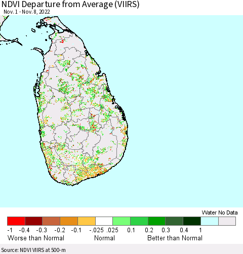 Sri Lanka NDVI Departure from Average (VIIRS) Thematic Map For 11/1/2022 - 11/8/2022