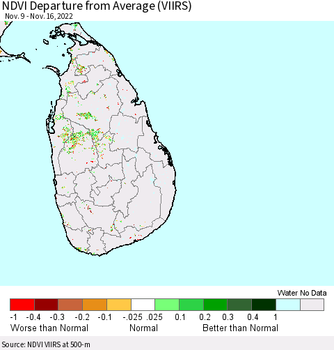 Sri Lanka NDVI Departure from Average (VIIRS) Thematic Map For 11/9/2022 - 11/16/2022