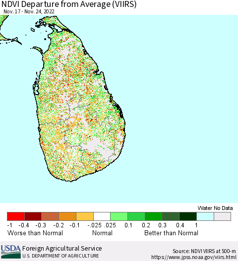 Sri Lanka NDVI Departure from Average (VIIRS) Thematic Map For 11/21/2022 - 11/30/2022