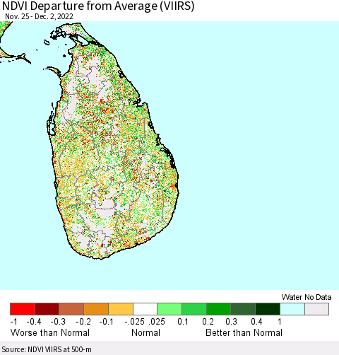 Sri Lanka NDVI Departure from Average (VIIRS) Thematic Map For 11/25/2022 - 12/2/2022