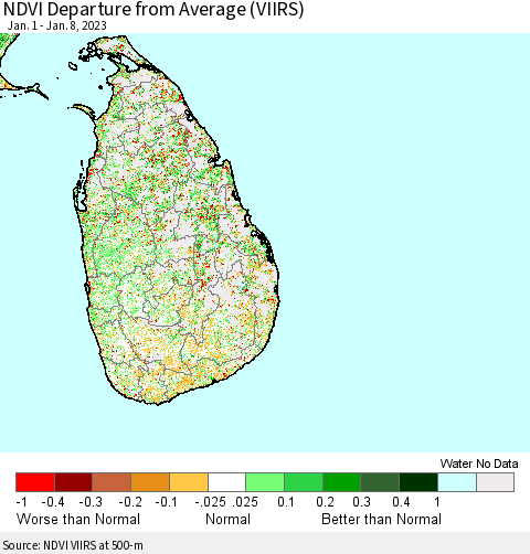 Sri Lanka NDVI Departure from Average (VIIRS) Thematic Map For 1/1/2023 - 1/8/2023