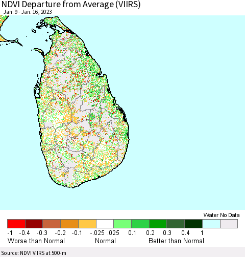 Sri Lanka NDVI Departure from Average (VIIRS) Thematic Map For 1/9/2023 - 1/16/2023