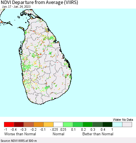 Sri Lanka NDVI Departure from Average (VIIRS) Thematic Map For 1/17/2023 - 1/24/2023