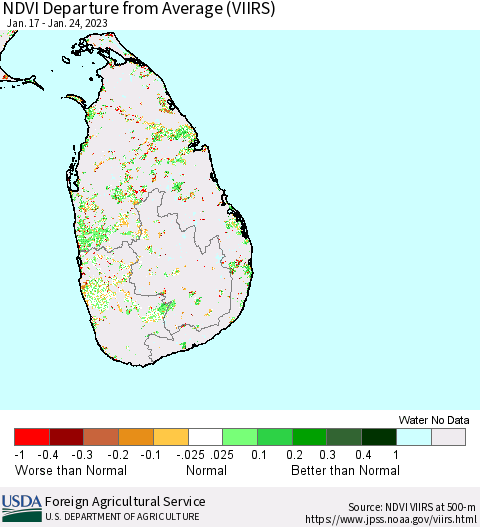 Sri Lanka NDVI Departure from Average (VIIRS) Thematic Map For 1/21/2023 - 1/31/2023