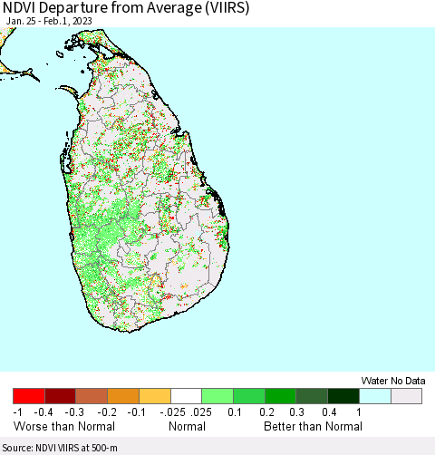 Sri Lanka NDVI Departure from Average (VIIRS) Thematic Map For 1/25/2023 - 2/1/2023