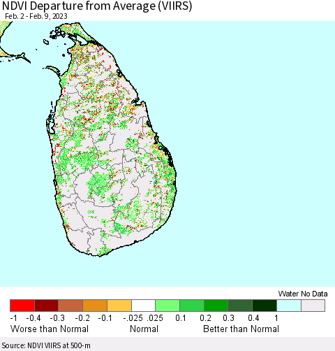 Sri Lanka NDVI Departure from Average (VIIRS) Thematic Map For 2/2/2023 - 2/9/2023