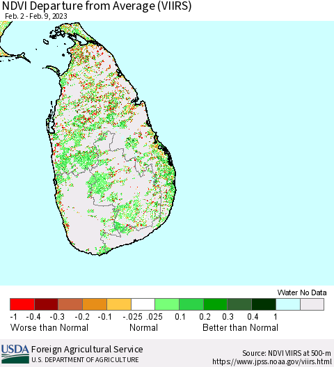 Sri Lanka NDVI Departure from Average (VIIRS) Thematic Map For 2/1/2023 - 2/10/2023