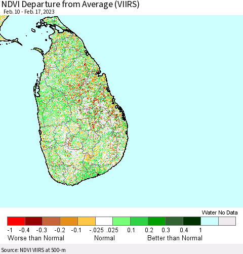 Sri Lanka NDVI Departure from Average (VIIRS) Thematic Map For 2/10/2023 - 2/17/2023
