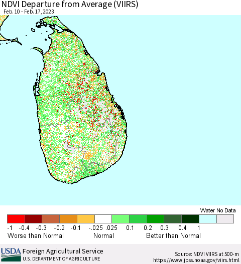 Sri Lanka NDVI Departure from Average (VIIRS) Thematic Map For 2/11/2023 - 2/20/2023