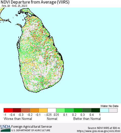 Sri Lanka NDVI Departure from Average (VIIRS) Thematic Map For 2/21/2023 - 2/28/2023