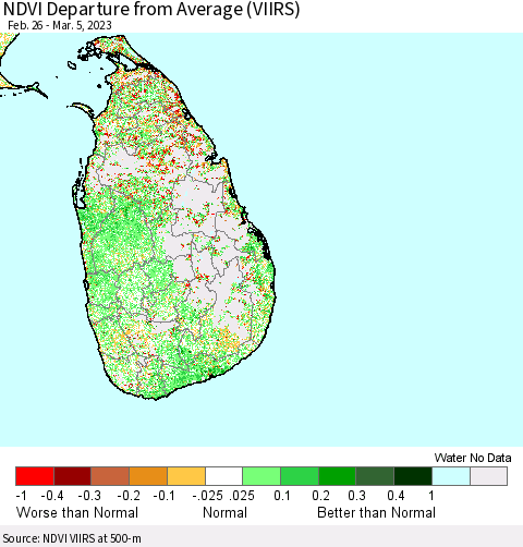 Sri Lanka NDVI Departure from Average (VIIRS) Thematic Map For 2/26/2023 - 3/5/2023