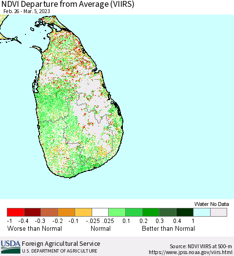 Sri Lanka NDVI Departure from Average (VIIRS) Thematic Map For 3/1/2023 - 3/10/2023
