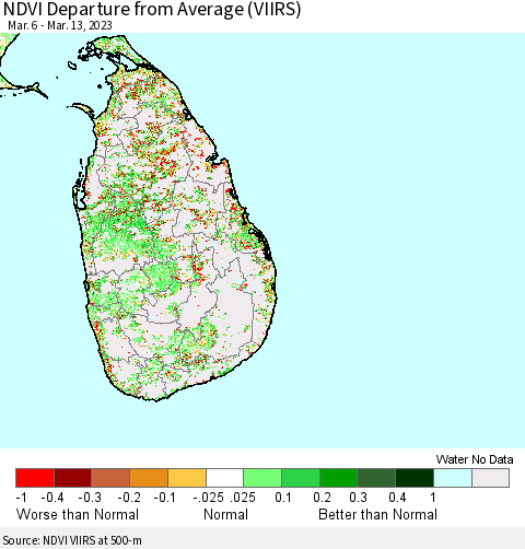 Sri Lanka NDVI Departure from Average (VIIRS) Thematic Map For 3/6/2023 - 3/13/2023