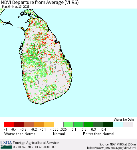 Sri Lanka NDVI Departure from Average (VIIRS) Thematic Map For 3/11/2023 - 3/20/2023