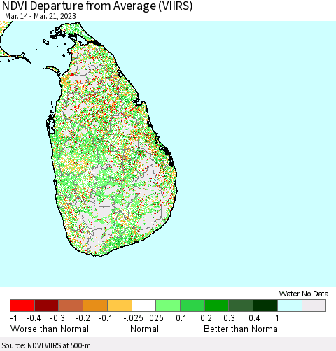 Sri Lanka NDVI Departure from Average (VIIRS) Thematic Map For 3/14/2023 - 3/21/2023