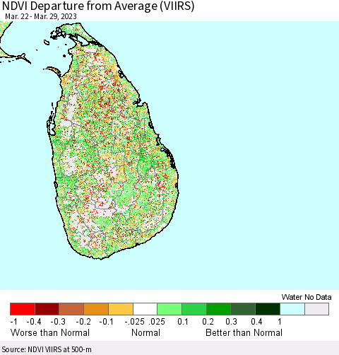 Sri Lanka NDVI Departure from Average (VIIRS) Thematic Map For 3/22/2023 - 3/29/2023