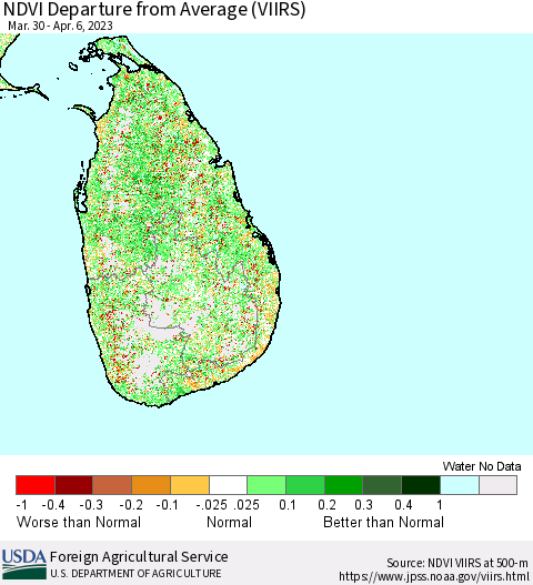 Sri Lanka NDVI Departure from Average (VIIRS) Thematic Map For 4/1/2023 - 4/10/2023