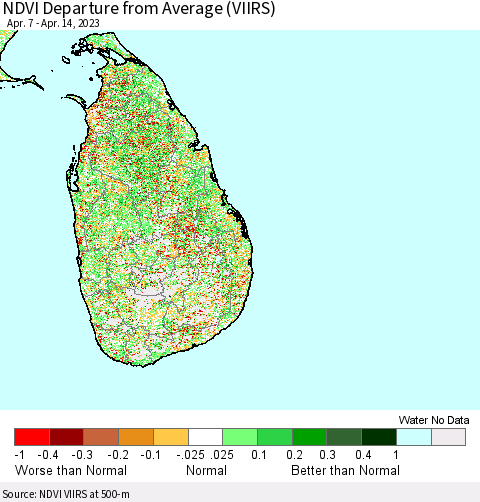 Sri Lanka NDVI Departure from Average (VIIRS) Thematic Map For 4/7/2023 - 4/14/2023
