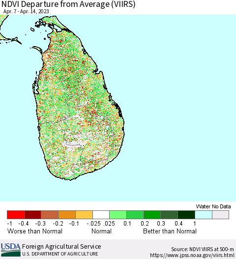 Sri Lanka NDVI Departure from Average (VIIRS) Thematic Map For 4/11/2023 - 4/20/2023