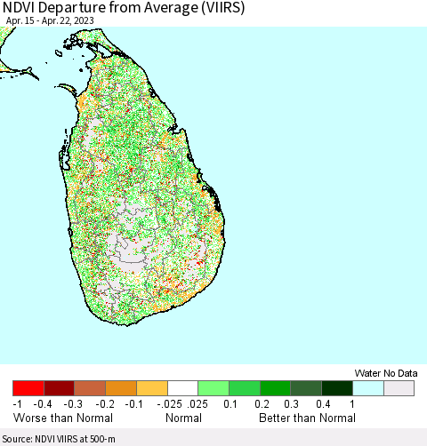 Sri Lanka NDVI Departure from Average (VIIRS) Thematic Map For 4/15/2023 - 4/22/2023