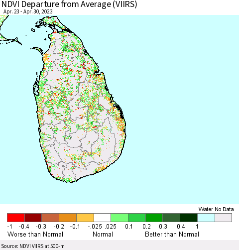 Sri Lanka NDVI Departure from Average (VIIRS) Thematic Map For 4/21/2023 - 4/30/2023