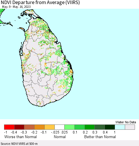 Sri Lanka NDVI Departure from Average (VIIRS) Thematic Map For 5/9/2023 - 5/16/2023