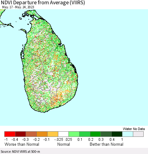 Sri Lanka NDVI Departure from Average (VIIRS) Thematic Map For 5/17/2023 - 5/24/2023