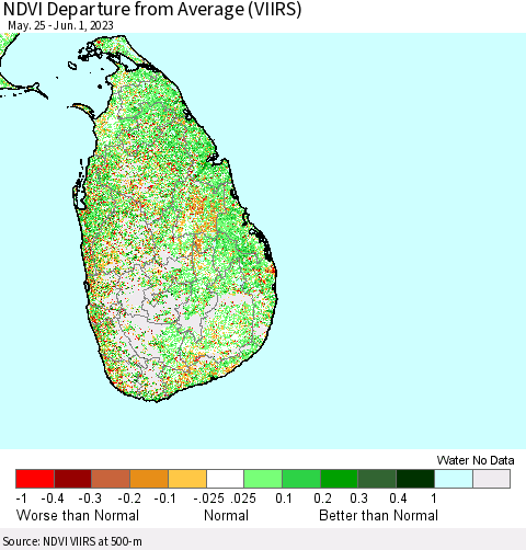 Sri Lanka NDVI Departure from Average (VIIRS) Thematic Map For 5/25/2023 - 6/1/2023