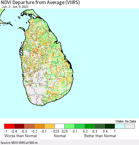 Sri Lanka NDVI Departure from Average (VIIRS) Thematic Map For 6/2/2023 - 6/9/2023