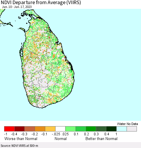 Sri Lanka NDVI Departure from Average (VIIRS) Thematic Map For 6/10/2023 - 6/17/2023