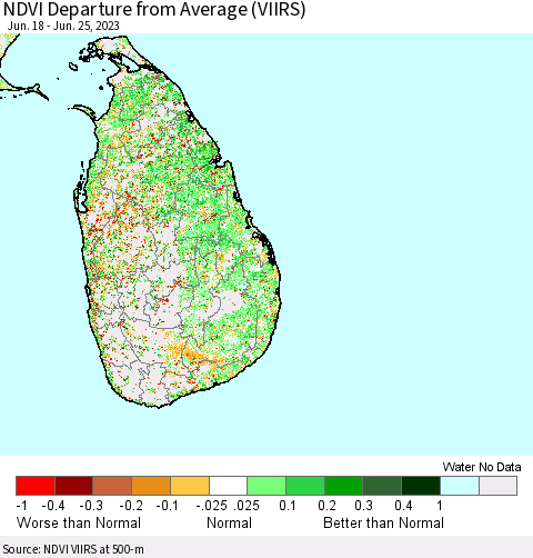 Sri Lanka NDVI Departure from Average (VIIRS) Thematic Map For 6/18/2023 - 6/25/2023