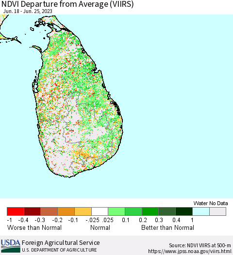 Sri Lanka NDVI Departure from Average (VIIRS) Thematic Map For 6/21/2023 - 6/30/2023