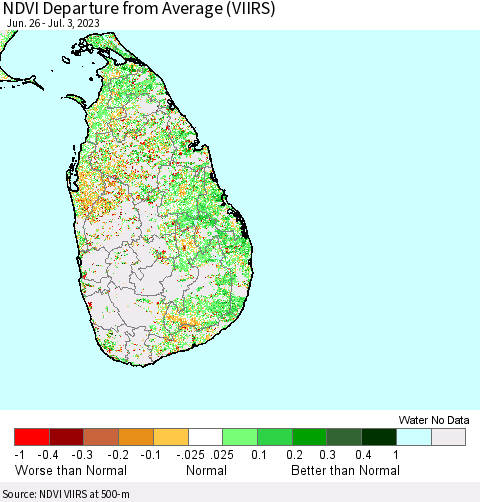 Sri Lanka NDVI Departure from Average (VIIRS) Thematic Map For 6/26/2023 - 7/3/2023