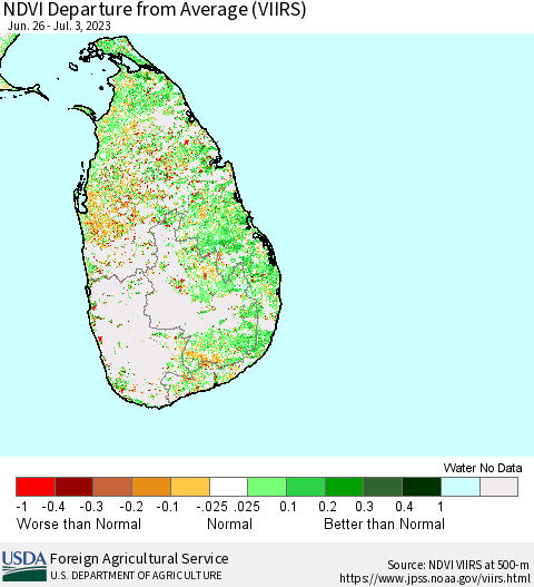 Sri Lanka NDVI Departure from Average (VIIRS) Thematic Map For 7/1/2023 - 7/10/2023